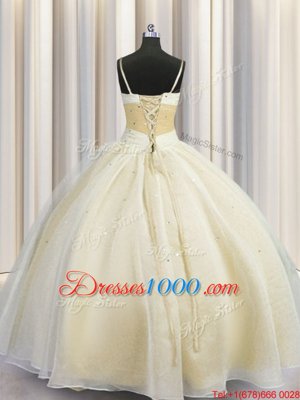 Beautiful Champagne Ball Gown Prom Dress Military Ball and Sweet 16 and Quinceanera and For with Beading and Ruching Spaghetti Straps Sleeveless Lace Up