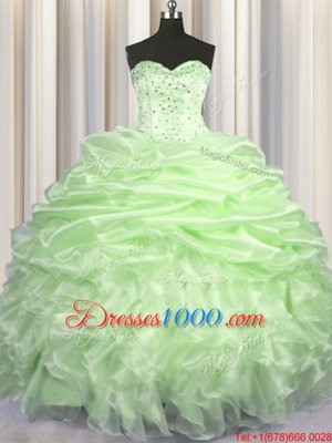 Pick Ups Yellow Green Sleeveless Organza Brush Train Lace Up Sweet 16 Dress for Military Ball and Sweet 16 and Quinceanera