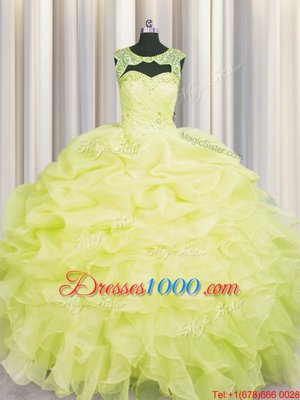 Dramatic Yellow Organza Lace Up Scoop Sleeveless Floor Length Ball Gown Prom Dress Beading and Pick Ups