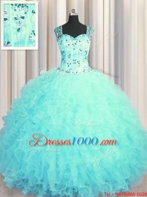 Custom Made See Through Zipper Up Aqua Blue Sleeveless Beading and Ruffles Floor Length Quinceanera Dresses