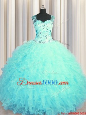 Custom Made See Through Zipper Up Aqua Blue Sleeveless Beading and Ruffles Floor Length Quinceanera Dresses