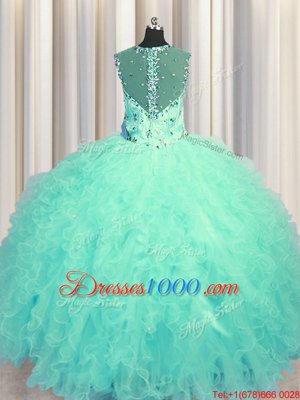 Custom Made See Through Zipper Up Aqua Blue Sleeveless Beading and Ruffles Floor Length Quinceanera Dresses