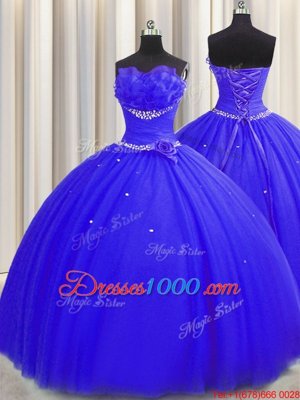 Handcrafted Flower Royal Blue Ball Gowns Beading and Ruching and Hand Made Flower Quinceanera Dresses Lace Up Tulle Sleeveless Floor Length