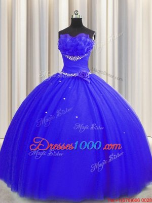 Handcrafted Flower Royal Blue Ball Gowns Beading and Ruching and Hand Made Flower Quinceanera Dresses Lace Up Tulle Sleeveless Floor Length