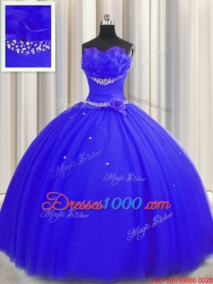 Handcrafted Flower Royal Blue Ball Gowns Beading and Ruching and Hand Made Flower Quinceanera Dresses Lace Up Tulle Sleeveless Floor Length