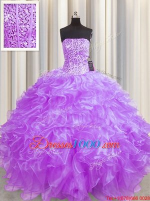 Admirable Visible Boning Lilac Sleeveless Organza Lace Up Sweet 16 Dresses for Military Ball and Sweet 16 and Quinceanera