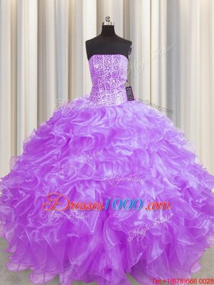 Admirable Visible Boning Lilac Sleeveless Organza Lace Up Sweet 16 Dresses for Military Ball and Sweet 16 and Quinceanera