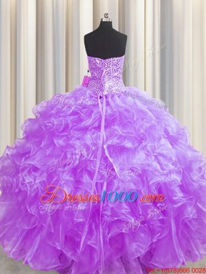 Admirable Visible Boning Lilac Sleeveless Organza Lace Up Sweet 16 Dresses for Military Ball and Sweet 16 and Quinceanera