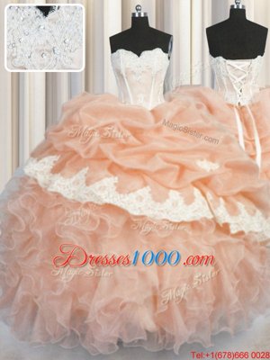 Comfortable Organza Sweetheart Sleeveless Lace Up Appliques and Ruffles and Pick Ups Ball Gown Prom Dress in Peach