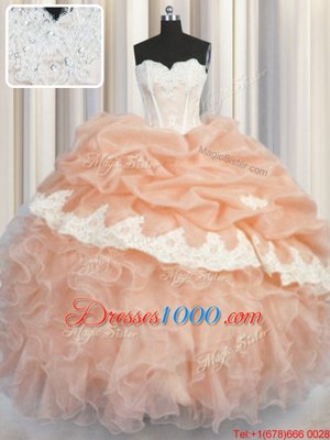 Comfortable Organza Sweetheart Sleeveless Lace Up Appliques and Ruffles and Pick Ups Ball Gown Prom Dress in Peach