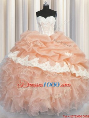 Comfortable Organza Sweetheart Sleeveless Lace Up Appliques and Ruffles and Pick Ups Ball Gown Prom Dress in Peach