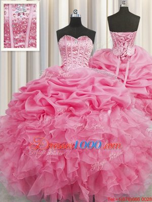 Fashion Visible Boning Rose Pink Lace Up Quinceanera Dresses Beading and Ruffles and Pick Ups Sleeveless Floor Length