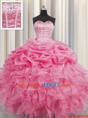 Fashion Visible Boning Rose Pink Lace Up Quinceanera Dresses Beading and Ruffles and Pick Ups Sleeveless Floor Length