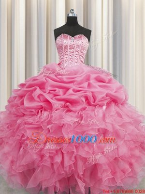 Fashion Visible Boning Rose Pink Lace Up Quinceanera Dresses Beading and Ruffles and Pick Ups Sleeveless Floor Length