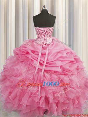 Fashion Visible Boning Rose Pink Lace Up Quinceanera Dresses Beading and Ruffles and Pick Ups Sleeveless Floor Length