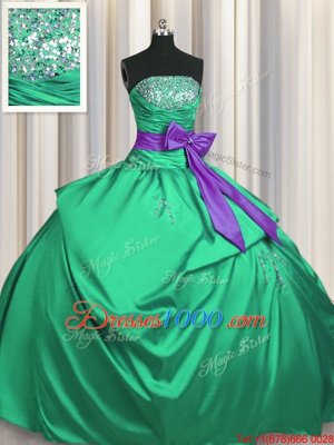 Flare Green Ball Gowns Satin Strapless Sleeveless Beading and Pick Ups and Bowknot Floor Length Lace Up Sweet 16 Dress