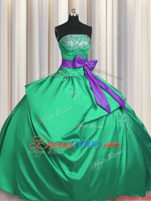 Flare Green Ball Gowns Satin Strapless Sleeveless Beading and Pick Ups and Bowknot Floor Length Lace Up Sweet 16 Dress