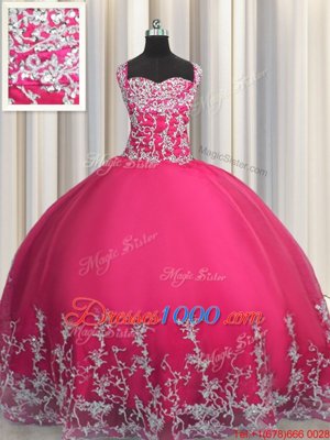 Hot Pink Straps Neckline Beading and Appliques Quince Ball Gowns Sleeveless Lace Up