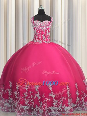 Hot Pink Straps Neckline Beading and Appliques Quince Ball Gowns Sleeveless Lace Up