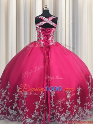 Hot Pink Straps Neckline Beading and Appliques Quince Ball Gowns Sleeveless Lace Up