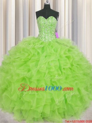 Visible Boning Ball Gowns Organza Sweetheart Sleeveless Beading and Ruffles Floor Length Lace Up Quinceanera Gown