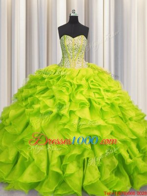 Glorious Visible Boning Sweetheart Sleeveless Lace Up Sweet 16 Dress Yellow Green Organza