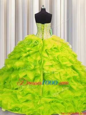Glorious Visible Boning Sweetheart Sleeveless Lace Up Sweet 16 Dress Yellow Green Organza