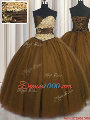 Custom Designed Brown 15 Quinceanera Dress Military Ball and Sweet 16 and Quinceanera and For with Beading and Appliques and Ruching and Belt Sweetheart Sleeveless Lace Up