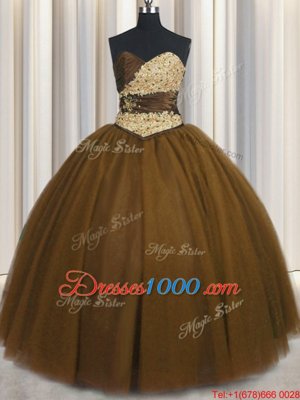 Custom Designed Brown 15 Quinceanera Dress Military Ball and Sweet 16 and Quinceanera and For with Beading and Appliques and Ruching and Belt Sweetheart Sleeveless Lace Up