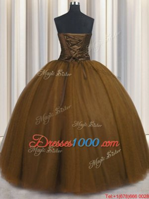 Custom Designed Brown 15 Quinceanera Dress Military Ball and Sweet 16 and Quinceanera and For with Beading and Appliques and Ruching and Belt Sweetheart Sleeveless Lace Up