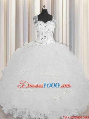 See Through Zipper Up Beading and Ruffles Sweet 16 Dress White Zipper Sleeveless Floor Length