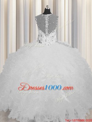 See Through Zipper Up Beading and Ruffles Sweet 16 Dress White Zipper Sleeveless Floor Length