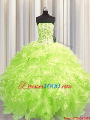 Glorious Visible Boning Floor Length Lace Up Quinceanera Gown Yellow Green and In for Military Ball and Sweet 16 and Quinceanera with Beading and Ruffles