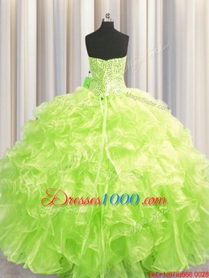 Glorious Visible Boning Floor Length Lace Up Quinceanera Gown Yellow Green and In for Military Ball and Sweet 16 and Quinceanera with Beading and Ruffles