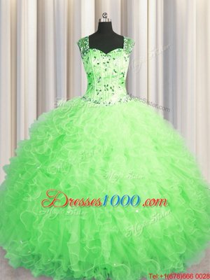 High Class See Through Zipper Up Straps Sleeveless Tulle Sweet 16 Dresses Beading and Ruffles Zipper