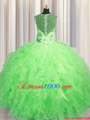 High Class See Through Zipper Up Straps Sleeveless Tulle Sweet 16 Dresses Beading and Ruffles Zipper