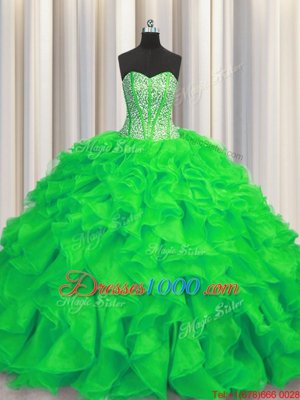 Top Selling Visible Boning Green Sleeveless Brush Train Beading and Ruffles Quinceanera Gown