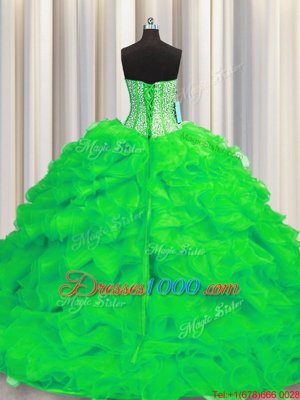 Top Selling Visible Boning Green Sleeveless Brush Train Beading and Ruffles Quinceanera Gown