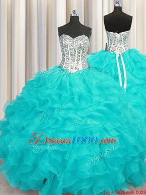 Fashion Sweetheart Sleeveless Organza 15th Birthday Dress Beading and Ruffles Lace Up