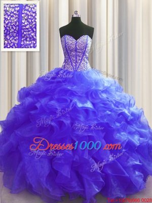 Flirting Visible Boning Floor Length Lace Up Quinceanera Gowns Purple and In for Military Ball and Sweet 16 and Quinceanera with Beading and Ruffles