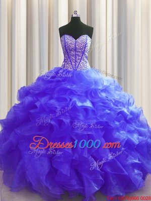 Flirting Visible Boning Floor Length Lace Up Quinceanera Gowns Purple and In for Military Ball and Sweet 16 and Quinceanera with Beading and Ruffles