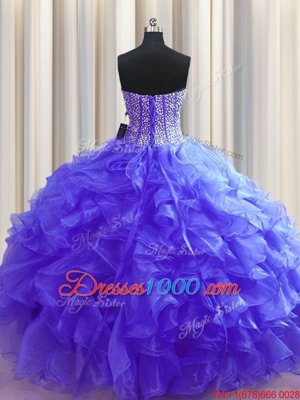 Flirting Visible Boning Floor Length Lace Up Quinceanera Gowns Purple and In for Military Ball and Sweet 16 and Quinceanera with Beading and Ruffles