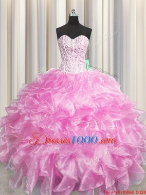 Admirable Visible Boning Zipper Up Rose Pink Sweetheart Neckline Beading and Ruffles Quince Ball Gowns Sleeveless Zipper