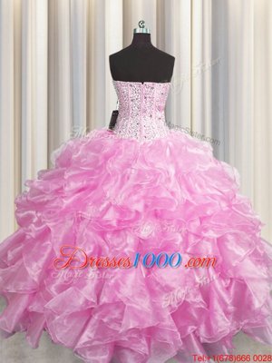 Admirable Visible Boning Zipper Up Rose Pink Sweetheart Neckline Beading and Ruffles Quince Ball Gowns Sleeveless Zipper