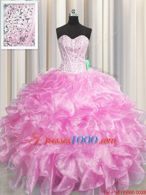 Admirable Visible Boning Zipper Up Rose Pink Sweetheart Neckline Beading and Ruffles Quince Ball Gowns Sleeveless Zipper