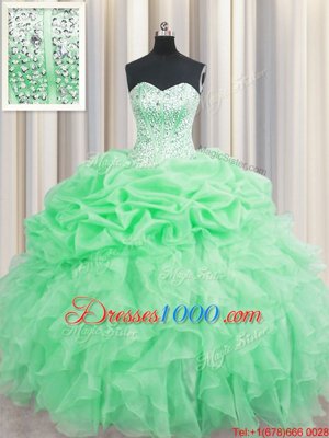 Pick Ups Visible Boning Ball Gowns Quinceanera Dress Apple Green Sweetheart Organza Sleeveless Floor Length Lace Up