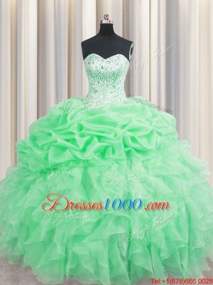 Pick Ups Visible Boning Ball Gowns Quinceanera Dress Apple Green Sweetheart Organza Sleeveless Floor Length Lace Up