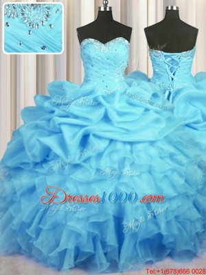 Simple Floor Length Lace Up Quinceanera Dress Baby Blue and In for Military Ball and Sweet 16 and Quinceanera with Beading and Ruffles and Ruching and Pick Ups