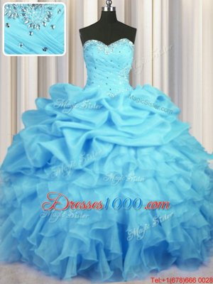 Simple Floor Length Lace Up Quinceanera Dress Baby Blue and In for Military Ball and Sweet 16 and Quinceanera with Beading and Ruffles and Ruching and Pick Ups