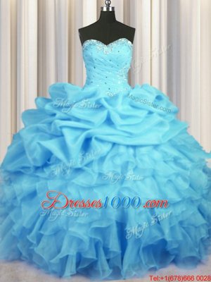 Simple Floor Length Lace Up Quinceanera Dress Baby Blue and In for Military Ball and Sweet 16 and Quinceanera with Beading and Ruffles and Ruching and Pick Ups